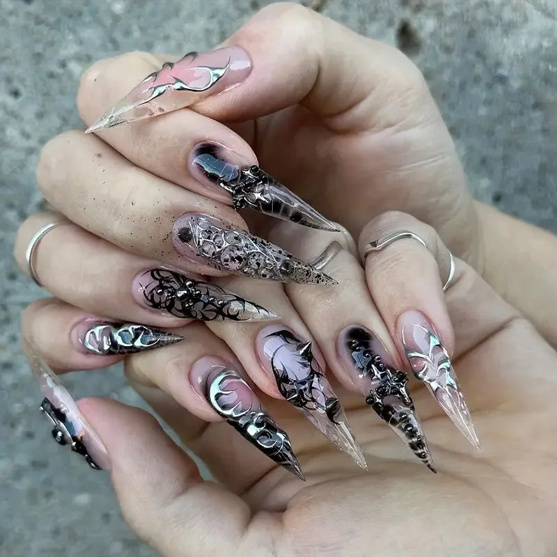 24pcs Long Stiletto False Nails Sets Star Pattern French Fake Nail Tips Metal Decor Almond Press on Nails Finished Pink Manicure