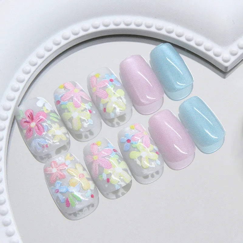 24pcs/set Medium long fake nails yellow dragon flowers feather design for Spring summer Square almond tips press on false nail