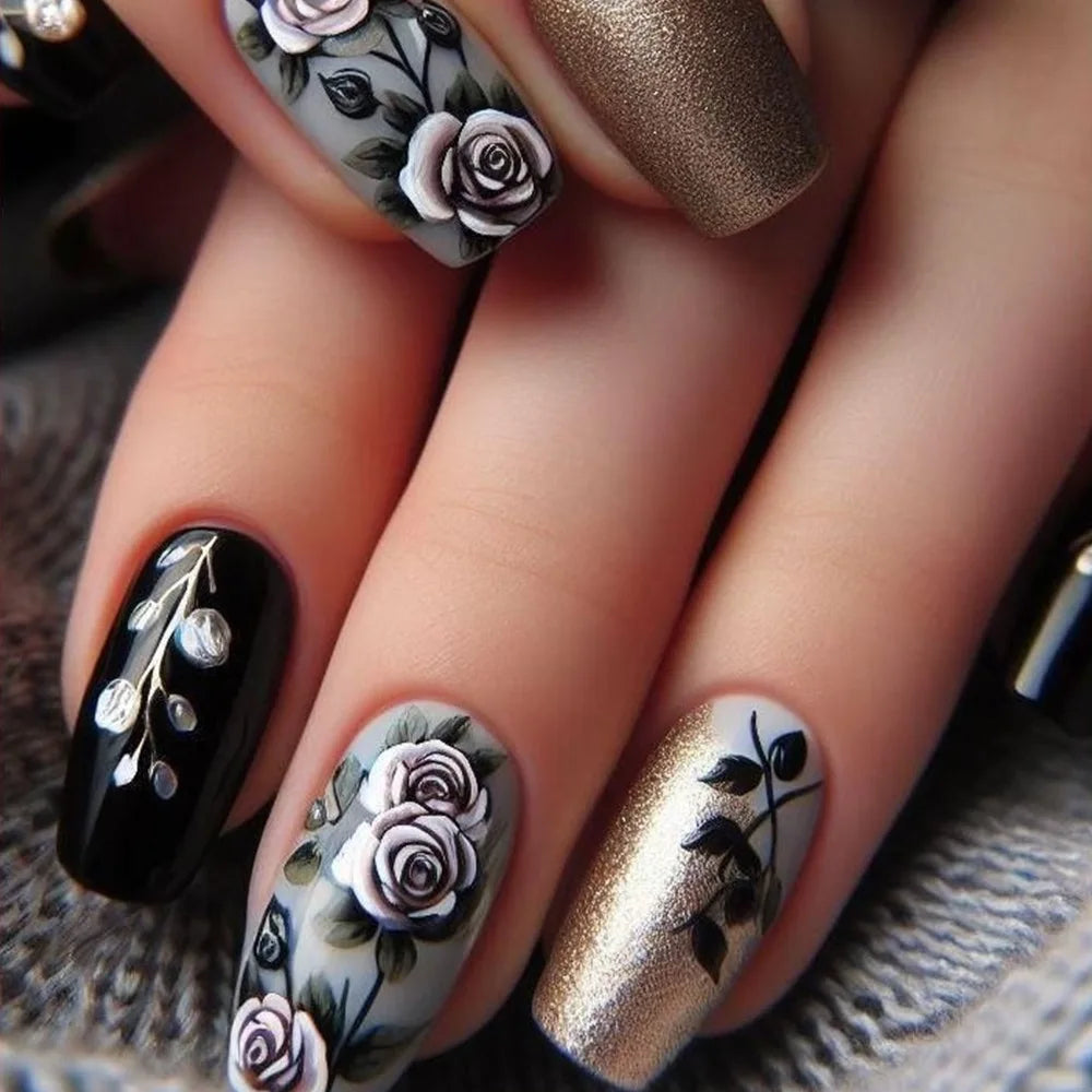 24Pcs Solid Black Short False Nails with Rose Pattern Design Ballerina Square Artificial Full Cover Press on Nail Tips for Girls