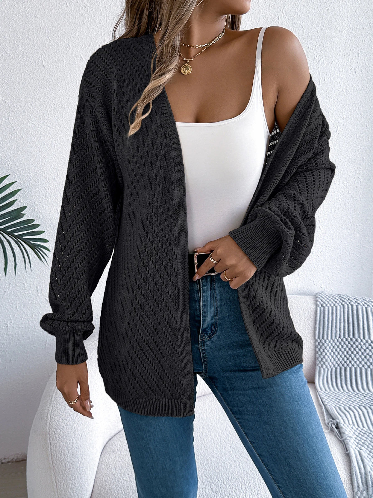 Women Solid Color Knitted Cardigan Sweaters 2026 Autumn Winter Casual Hollow Out Lantern Long Sleeve Coats Khaki White Black