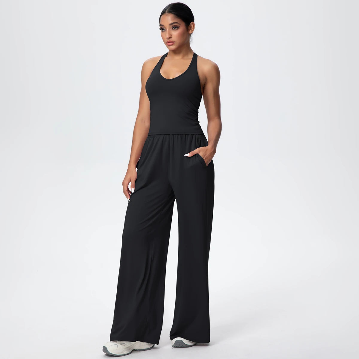 Breathable Loose Wide Leg Pants and Yoga Vest Set Solid Color High Stretch Pockets Pants Beautiful Back T-shaped Vest Yoga Suit