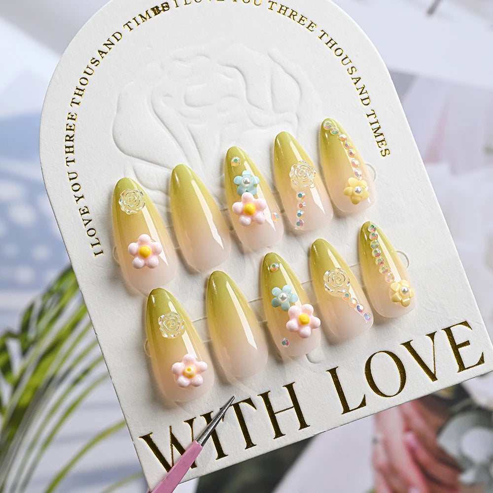 24Pcs Gradient Almond French False Nails Spring Flower Design Full Cover Fake Nails Extension Wearable Press on Nails for Women