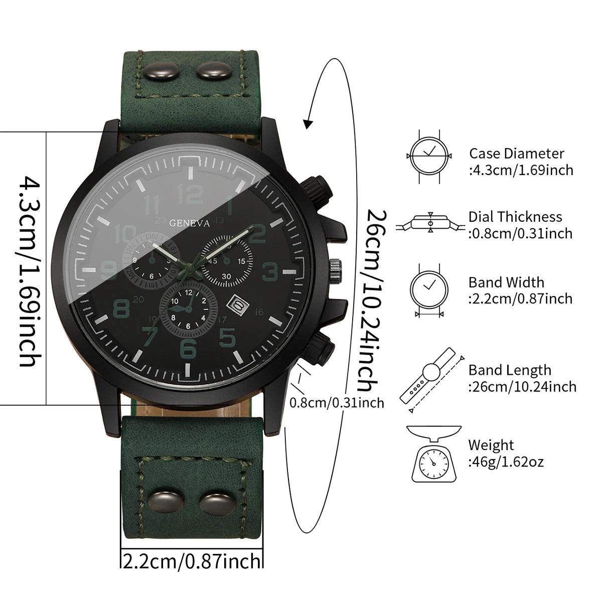 Casual Men Sport Quartz Watch Green Leather Strap Calendar Analog Male's Military Wristwatches Relogio Masculino（Without Box）