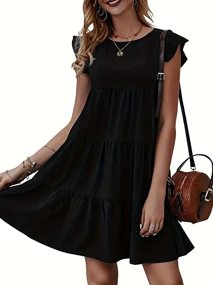Women Elegant Ruffle Mini Dress Casual Solid O Neck Beach Party Sundress Simple Chic Loose Short Dress Vintage Harajuku Vestido