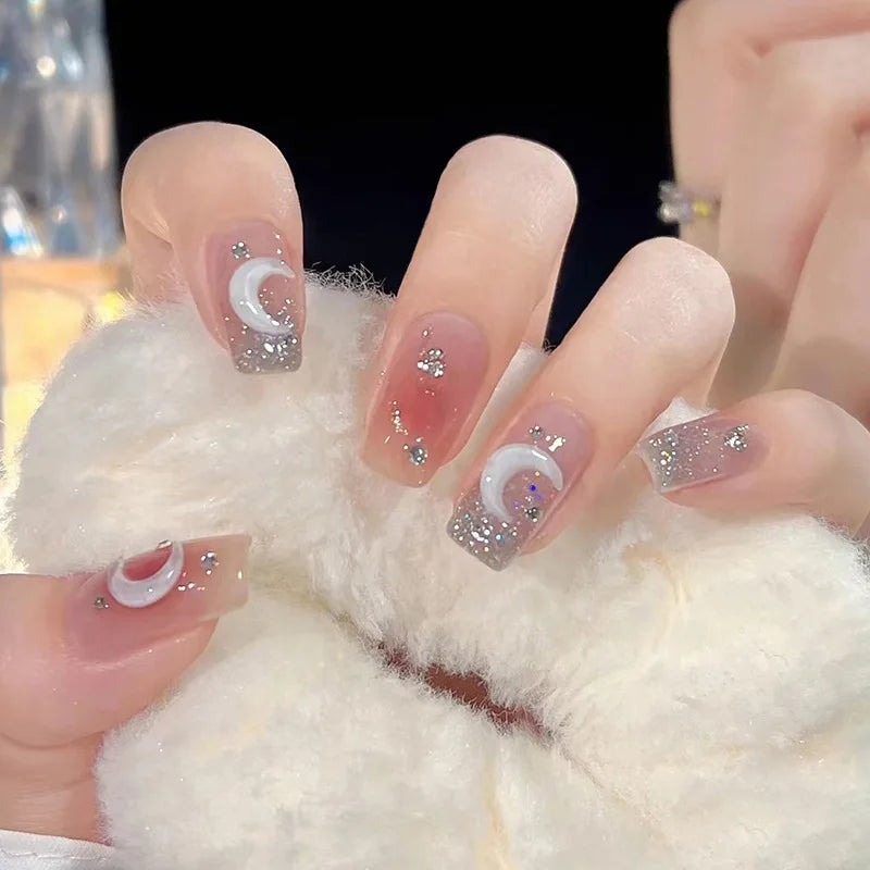 24Pcs Love Heart False Nails French Long Coffin Wearable Fake Nails Full Cover Bowknot/Moon Press on Nails Tips  for Women