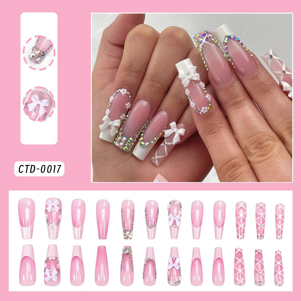 24Pcs Long Coffin French Fake Nails Acrylic Full Cover Square Head False Nails Bow Rhinestone Design Wearable Press on Nails