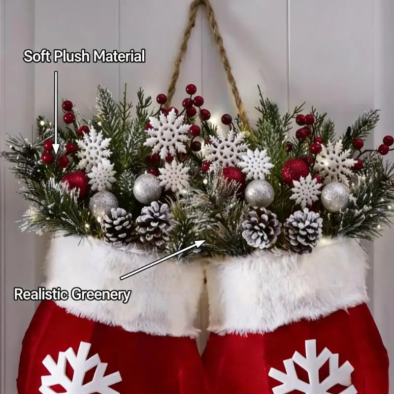 1pc Christmas Sock Wreath, with Red Berries, Pine Cones, And Branches, Suitable for Farmhouse Decor, Mantel, Ideal for Christmas