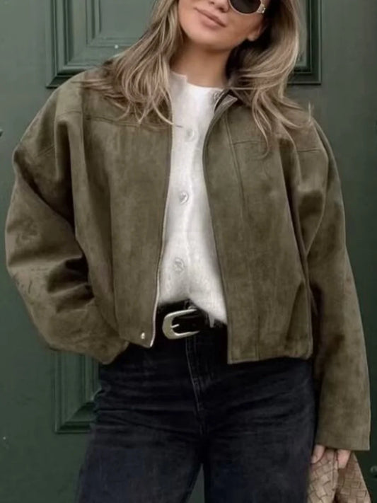 Vintage Suede Texture Bomber Jackets Women's Long Sleeve Loose Coats New Causal Autumn Winter Female Outerwear