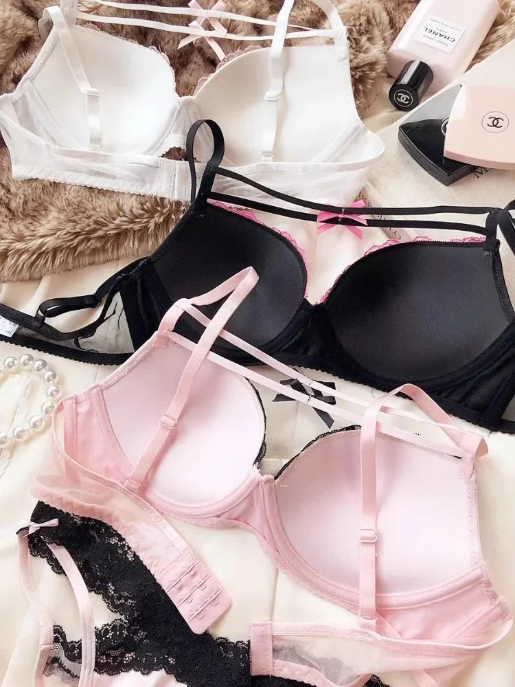 MOYISU French Lace Bralette with Bow Sweetheart Neckline Petite Bust | Natural Lift Minimalist Bra Set Sexy Yet Subtle Support