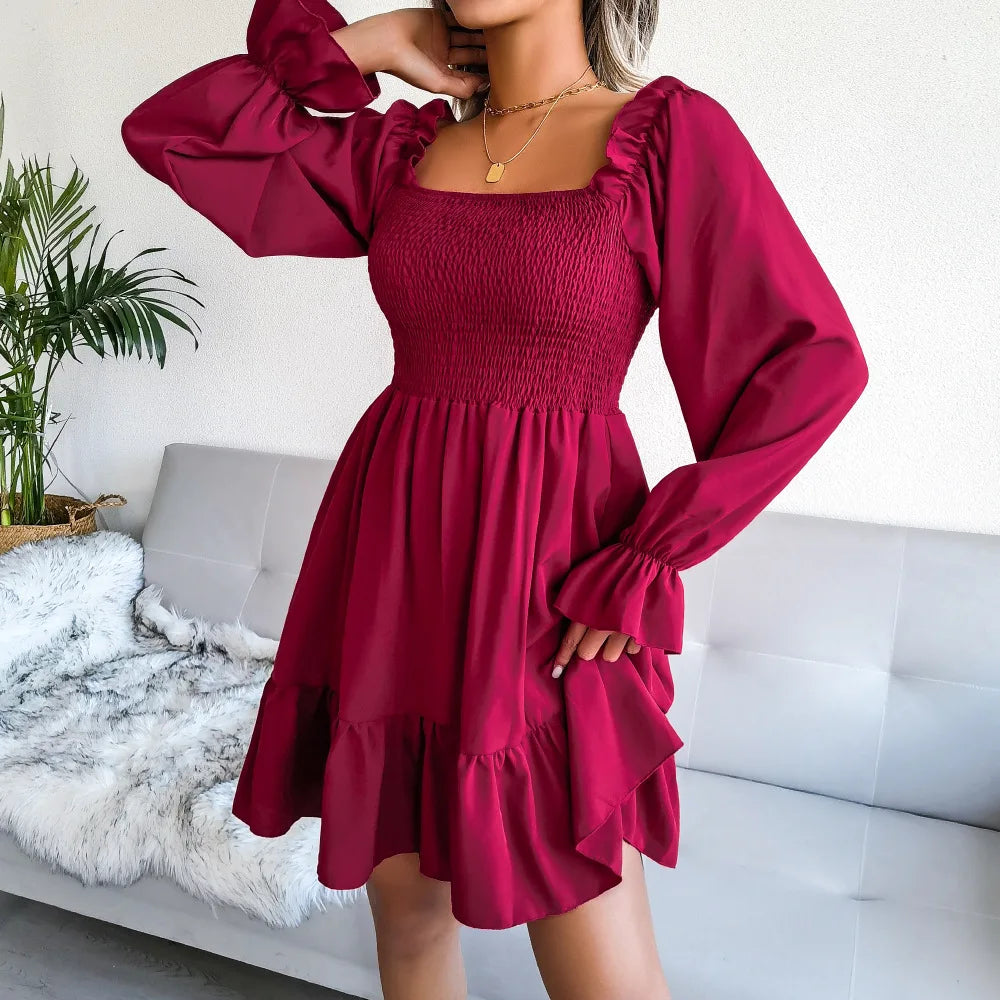 Spring Summer Casual Solid Color Square Neck Flared Long Sleeve Ruffled Dress Red Orange Green Black 2026 Fashion Woman Clothing
