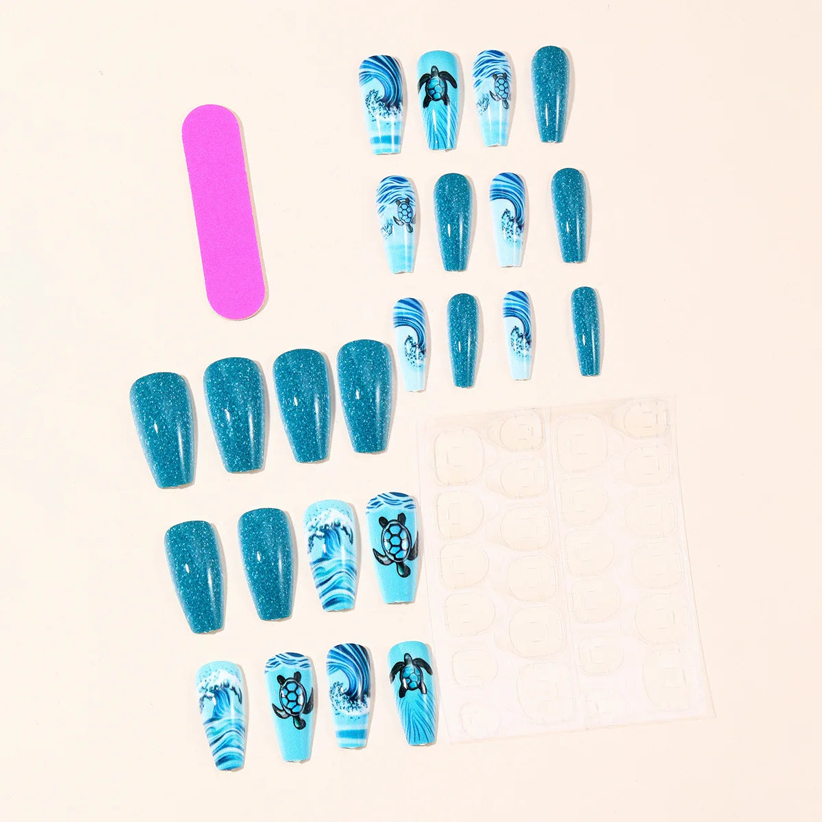 Medium fake nails for women gilrs gradient blue ocean sea tortoise shark design Square ballet nail tips press on false nail art