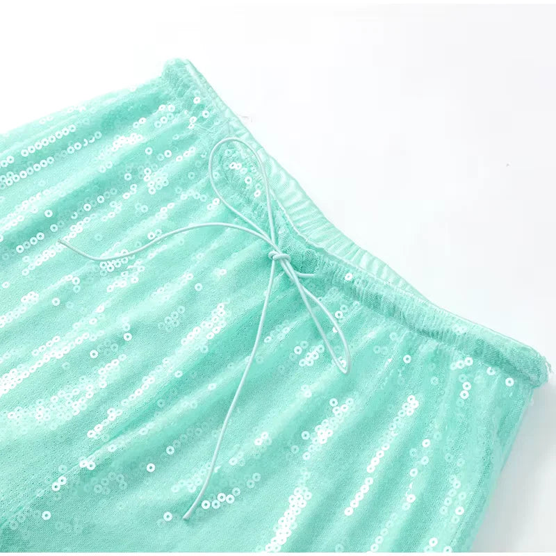 Summer Vacation Y2k Women's Sequined Pants Lady Chic High-Waist Lace Up Loose Fit Straight Mop Trouser Female Casual Streetwear