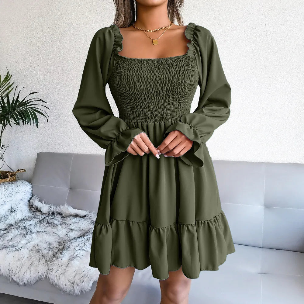 Spring Summer Casual Solid Color Square Neck Flared Long Sleeve Ruffled Dress Red Orange Green Black 2026 Fashion Woman Clothing
