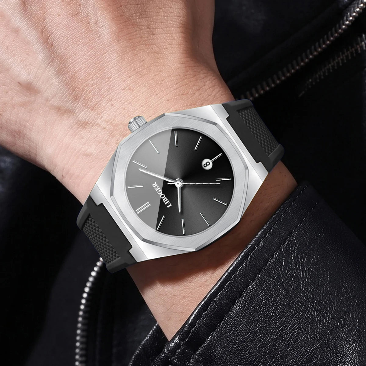Luxury Silver Men Business Watches Octagonal Case Casual Silicone Strap Date Quartz Wristwatch Relogio Masculino（Without Box）