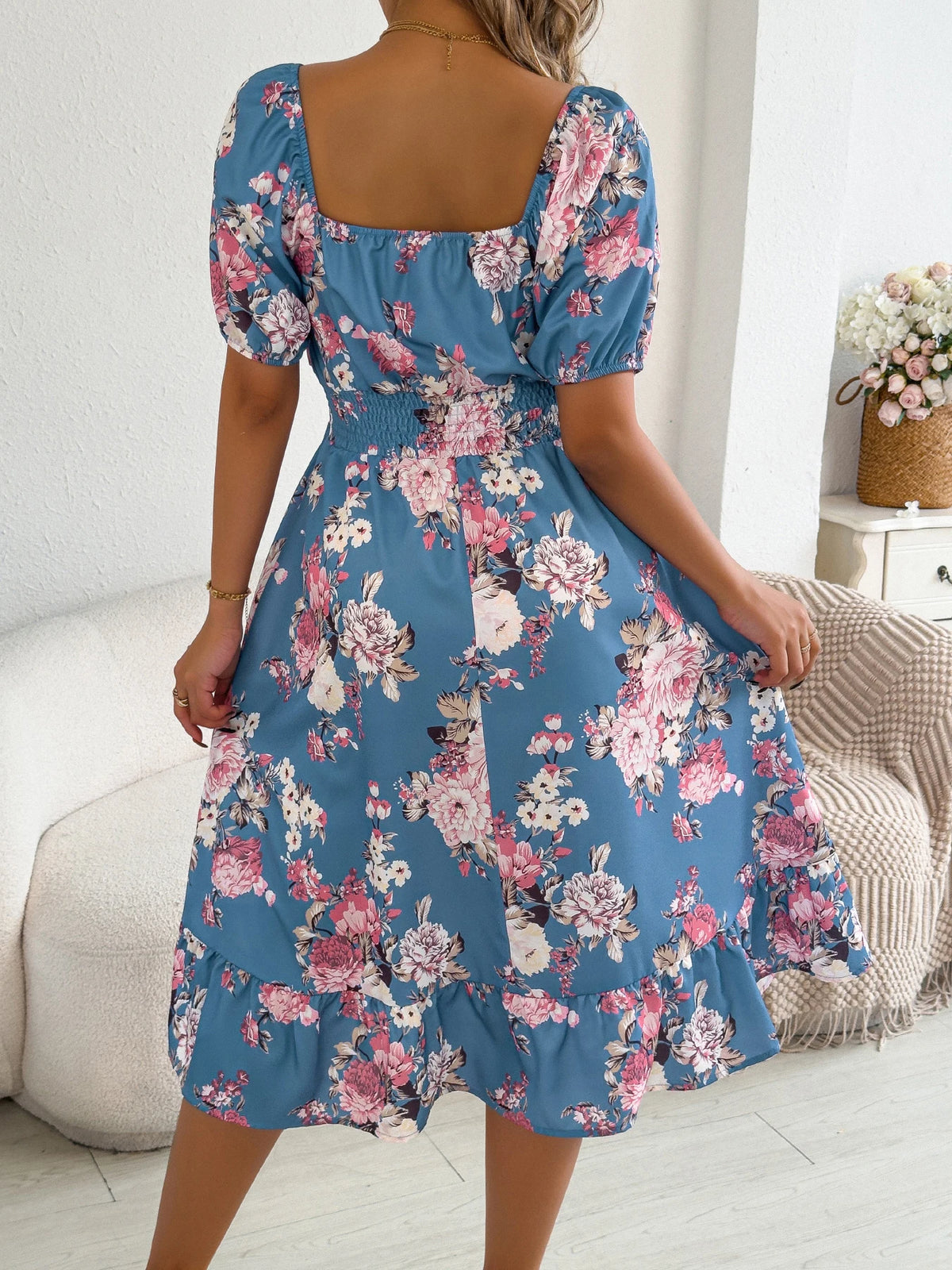Elegant Floral Print Dresses for Women 2026 Spring Summer Casual Square Neck Short Sleeve Waist Cinching A Line Ruffled Dress