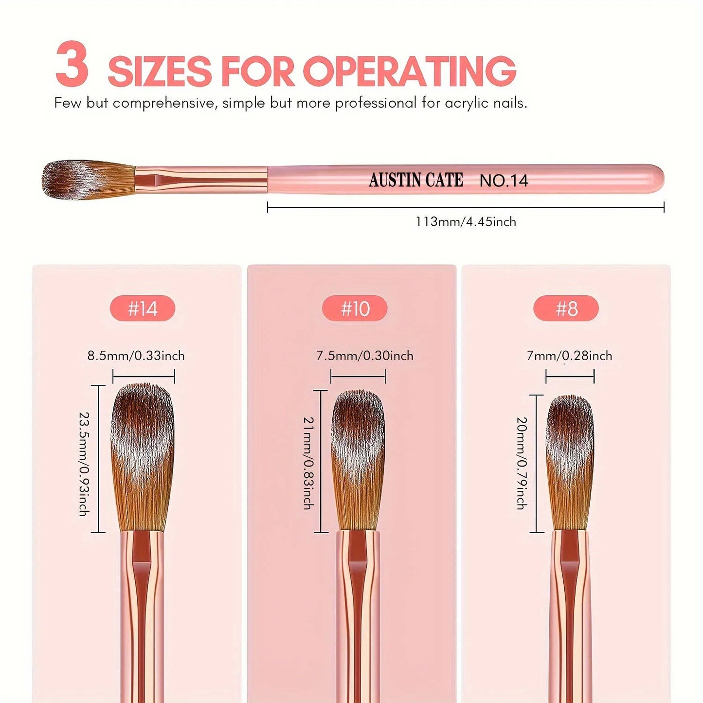 3Pcs/Set Acrylic Powder Extension Nail Brushes Pink Handle Size 8#/10#/14# Acrylic Powder Application 3D Carving Manicure Tools