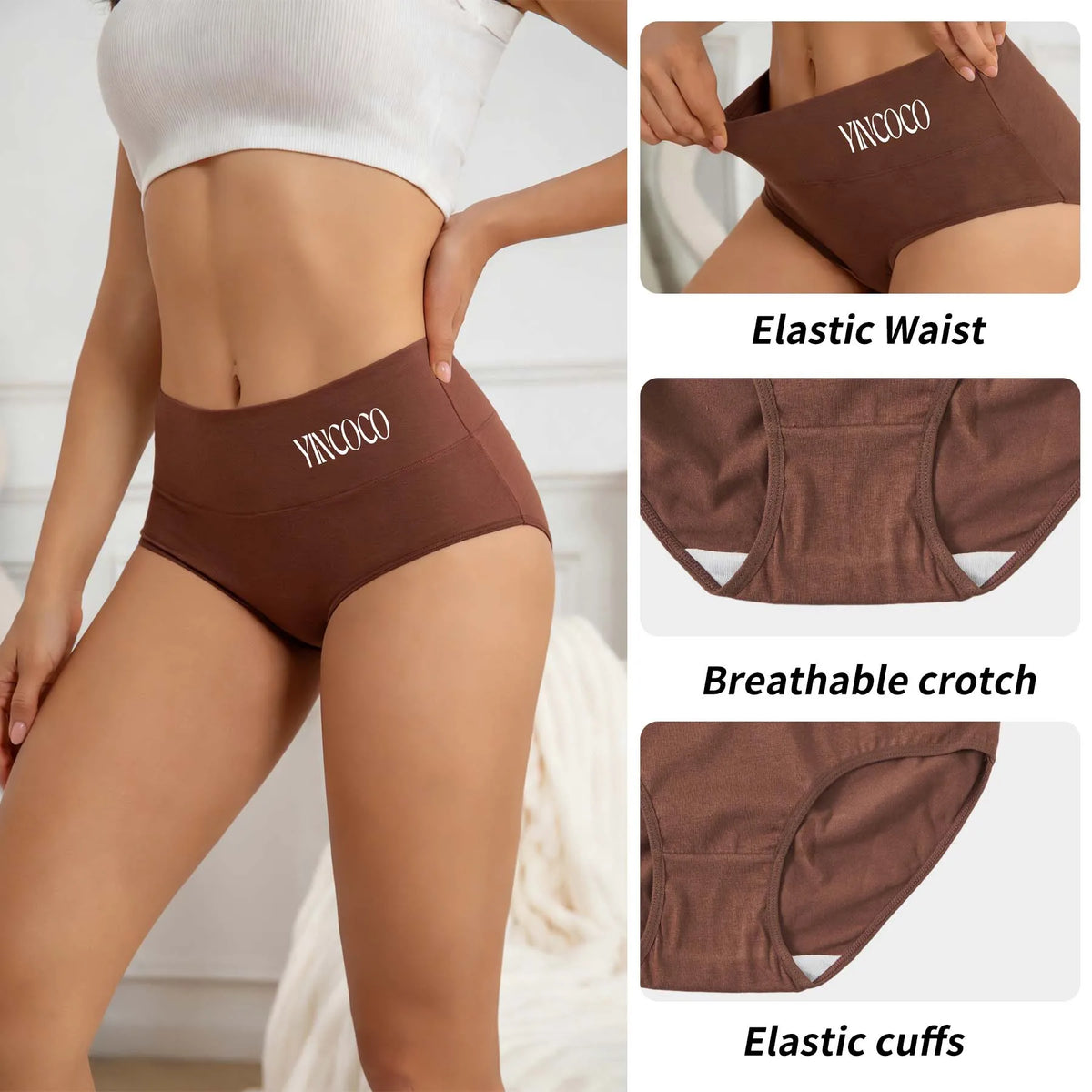 5PCS Women's High Waist Cotton Briefs Solid Color Letter Print Panties Elastic Breathable Comfortable Ladies Daily Underwear