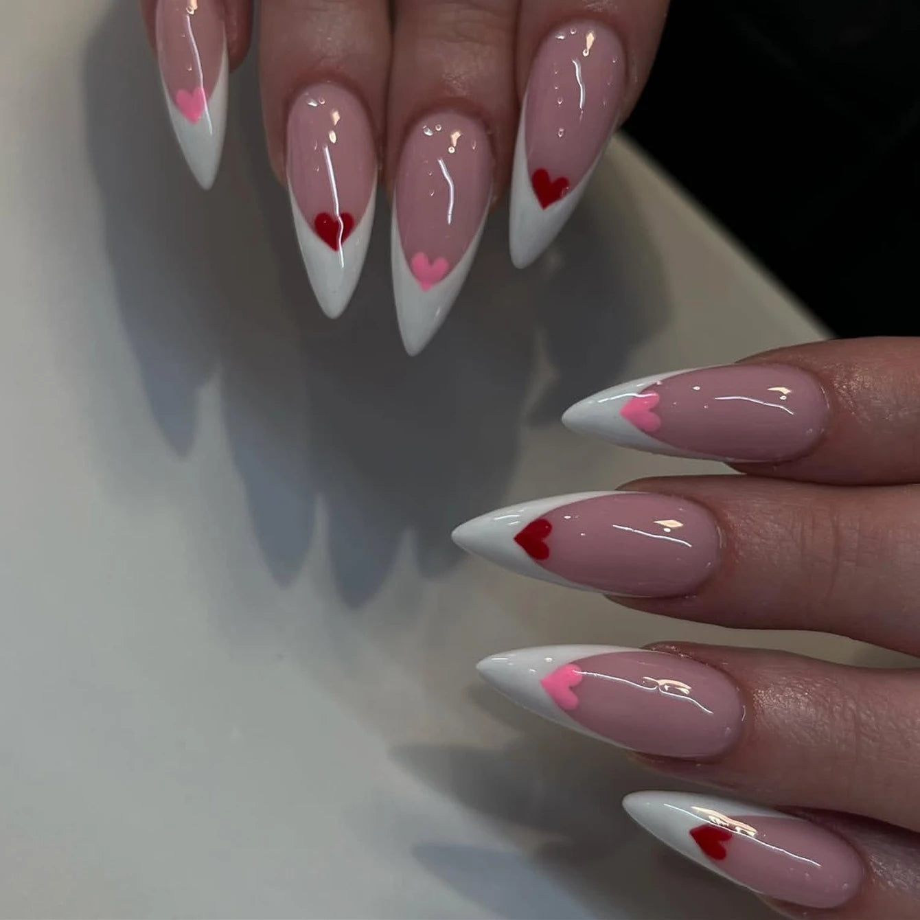 24pcs Long Almond Fake Nails White French Press on Nails Simple Full Cover Detachable Nail