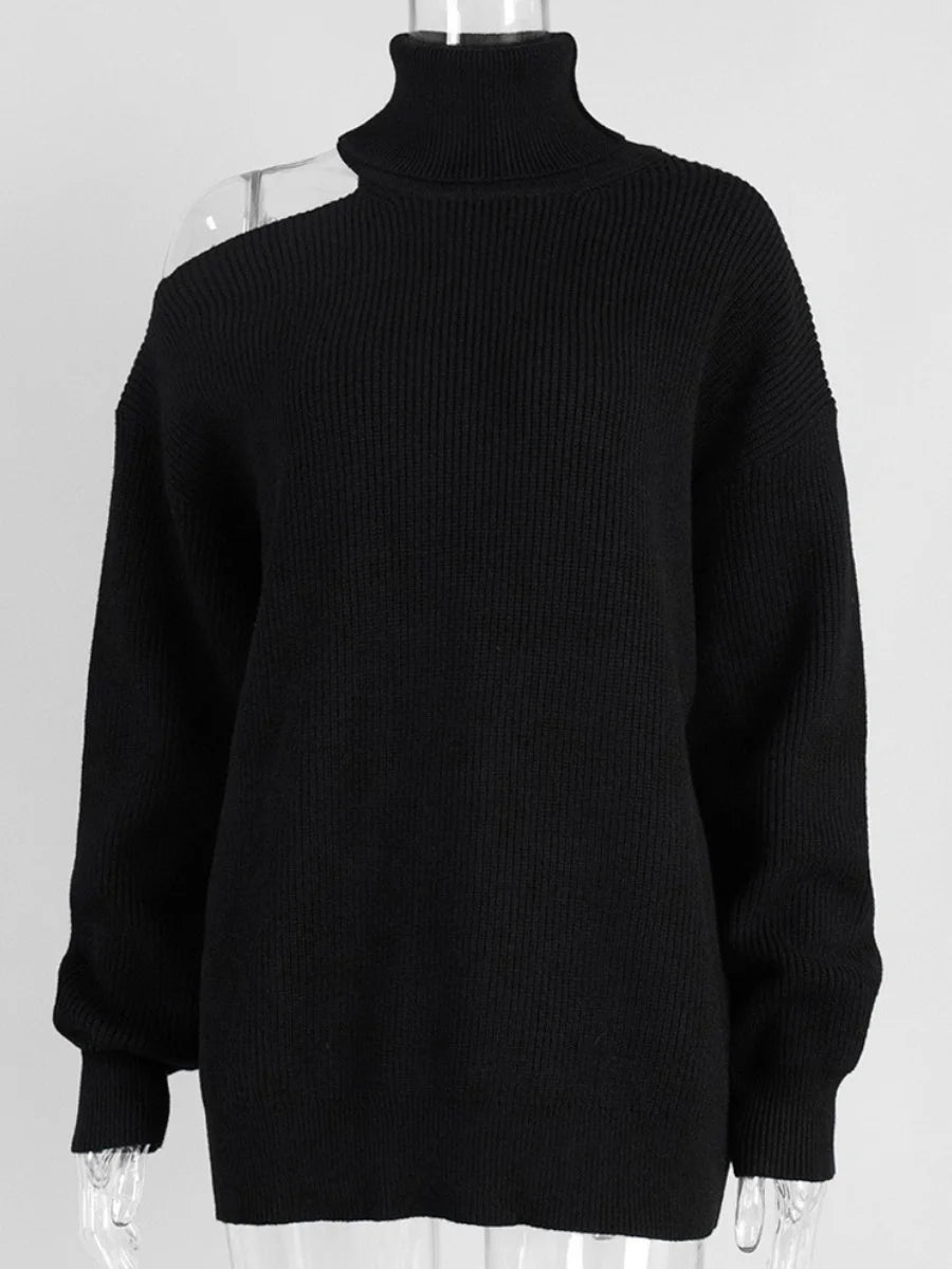 Women New Turtleneck Cutout Shoulder Pullover Long Sleeve Ribbed Knit Trendy Loose Fit Sweater Autumn Winter Fashion Streetwear