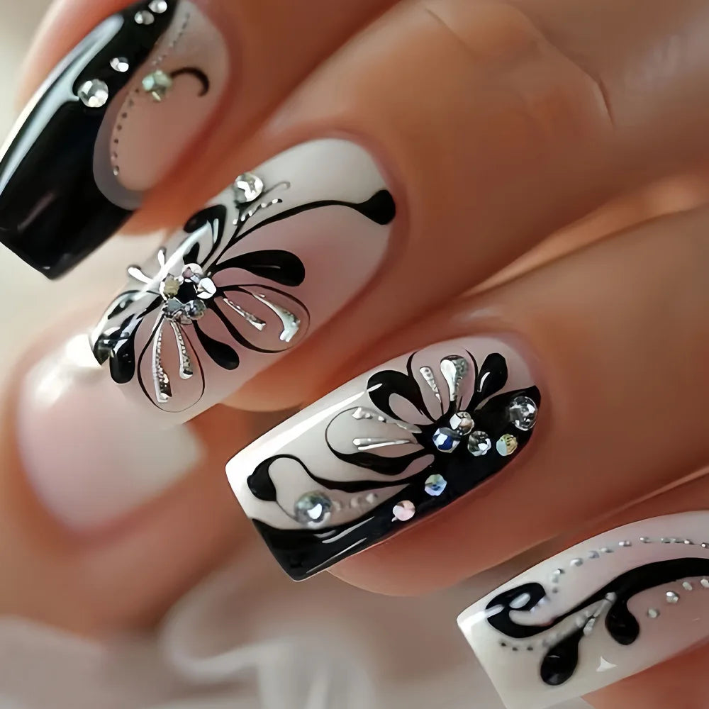 24PCS Gothic False Nails Dark Red Vine Pattern Medium Coffin Press on Nail Sticker Sweet Cool Glossy French Fake Nail Spice Girl