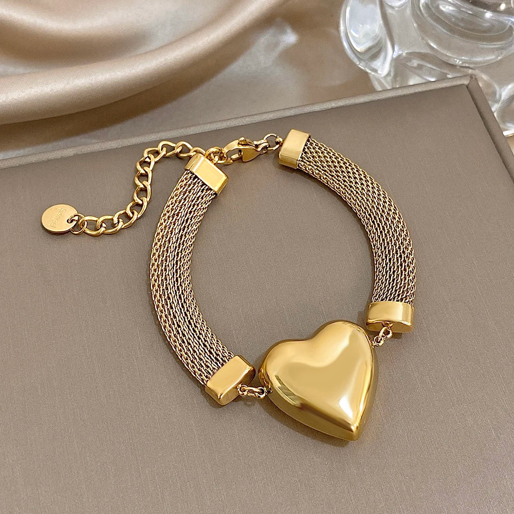 Punk Chunky Women's Set Jewelry Gold Color Thick Chain Heart Pendant Stainless Steel Necklace Bracelets Set Fashion Jewelry