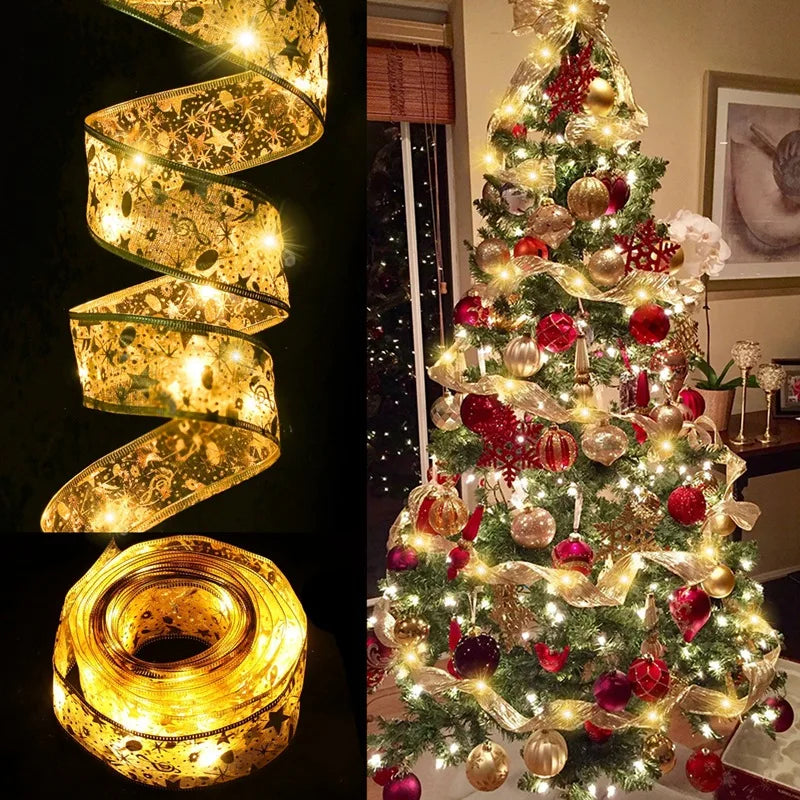 1pc Christmas Gilding Double Ribbon Christmas Ribbon LED String Lights Christmas Decorations Party Decorations Christmas Pendant