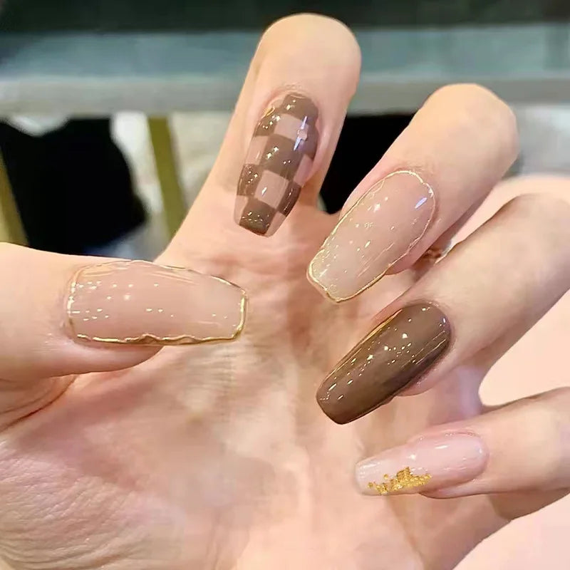 24Pcs Mid-length Fake Nails with Glue Wearable Glitter Press on Nail Detachable French Sweet Butterfly Acrylic Nail Manicure Tip