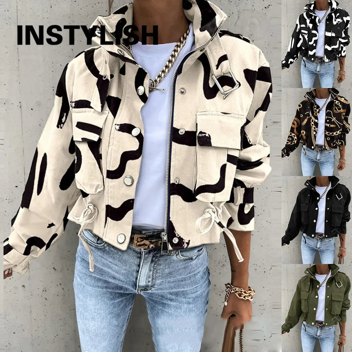 Women Cropped Cargo Jacket Stand Collar Zip Button Long Sleeve Coat Multi Pocket Drawstring Streetwear Casual Short Outerwear