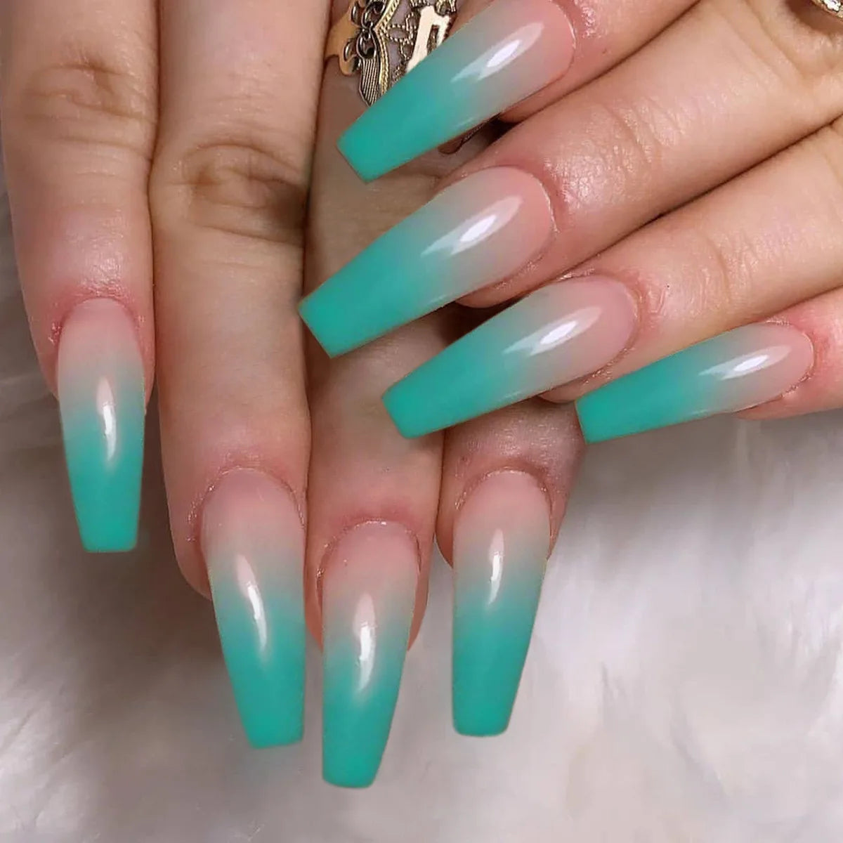 24pcs Long Ballet False Nails Gradient Blue Reusable Press on Nails Sets Simple Square Head Coffin Fake Nail Tips Stick on Nail