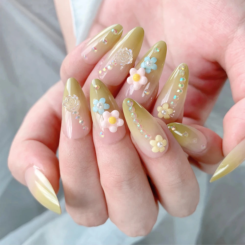 24Pcs Gradient Almond French False Nails Spring Flower Design Full Cover Fake Nails Extension Wearable Press on Nails for Women