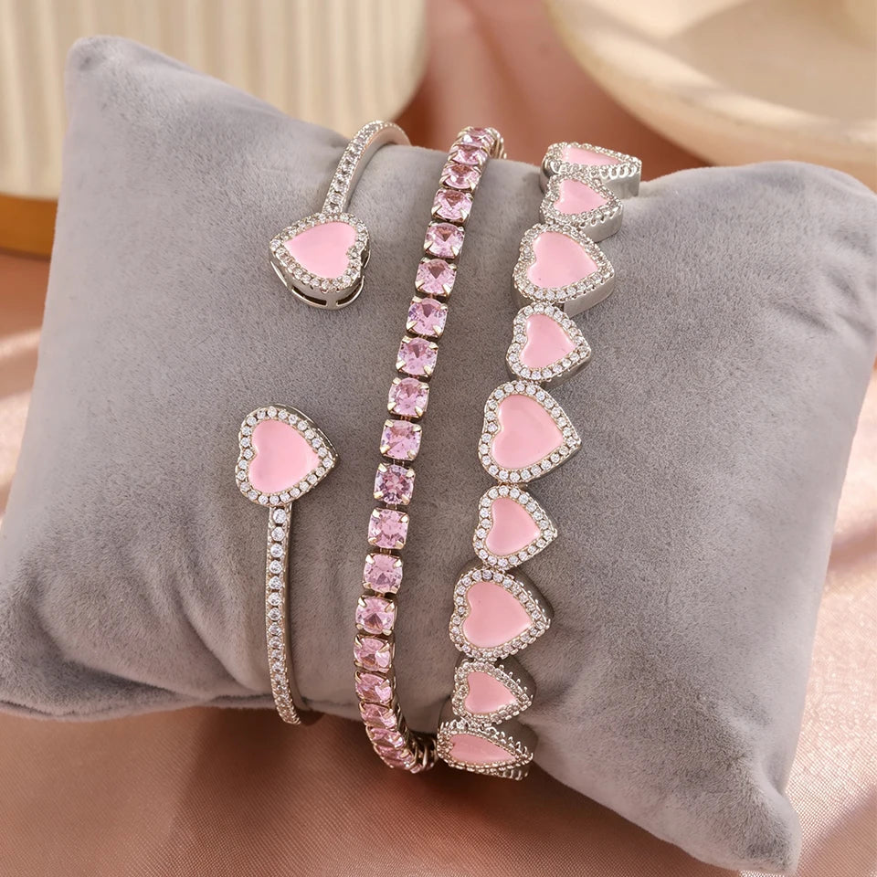 ZAKOL Sweet Fashion Pink Heart Cz Stacking Bracelets for Women Girls Shiny Cubic Zirconia Cuff Bracelet Bangles Jewelry Gift