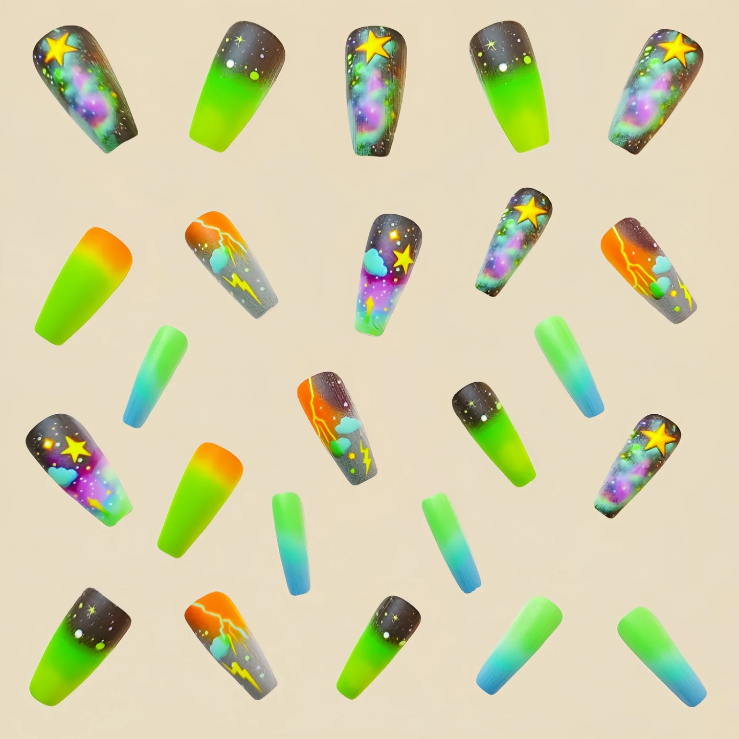 24pcs/set Medium fake nails for women girls gradient green blue cloud star lightning for summer full cover press on false nail