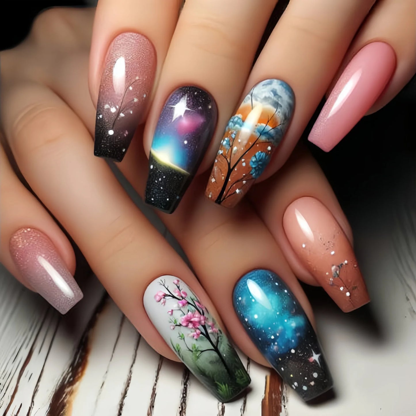 24pcs/set medium long fake nails square ballet nail tips glitters starry sky moon star feather design press on false nail art