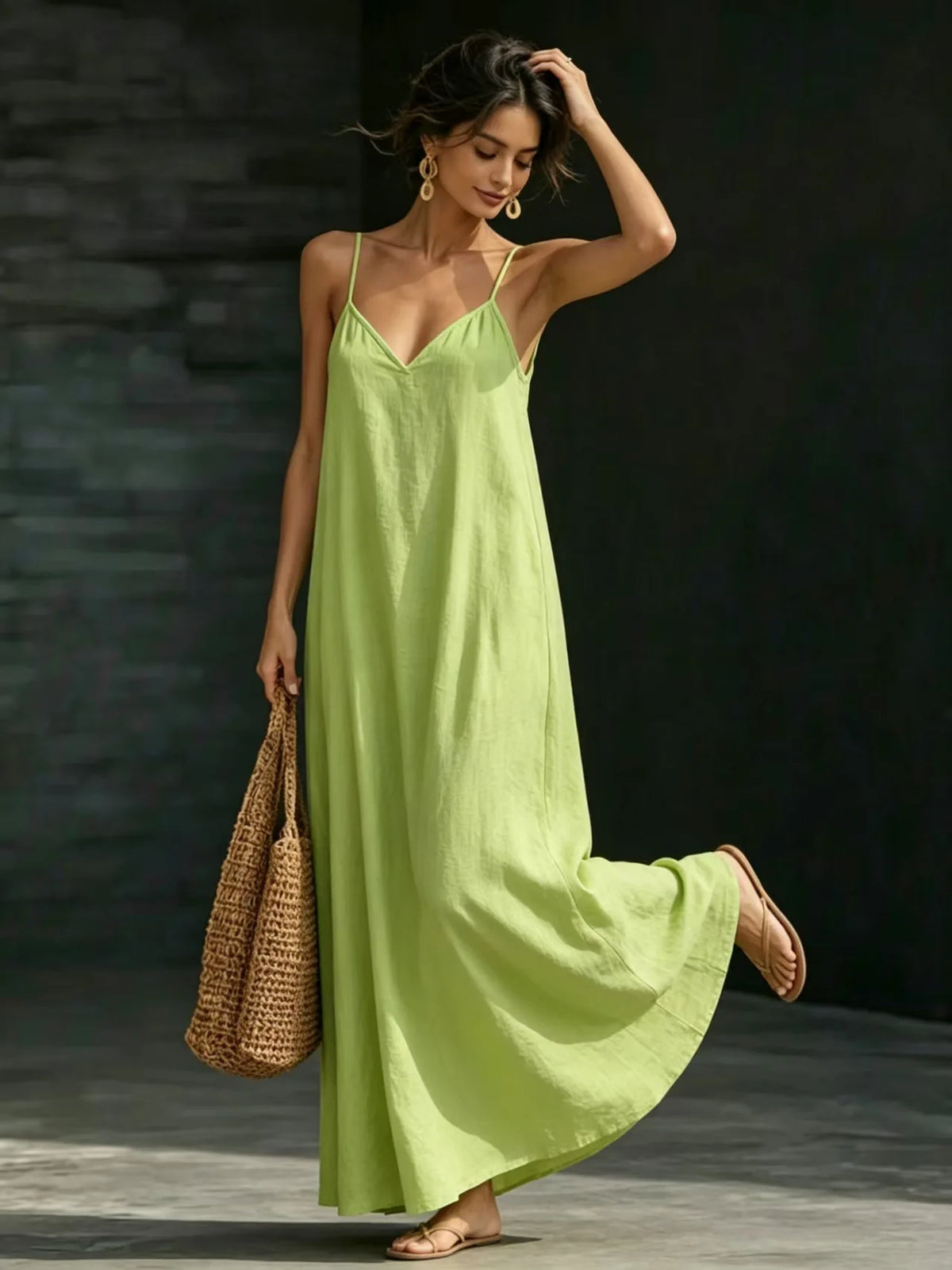 Women Linen Spaghetti Strap Maxi Dress V Neck Loose Swing Long Dress With Pockets Casual Summer Beach Vacation Sundress Ladies