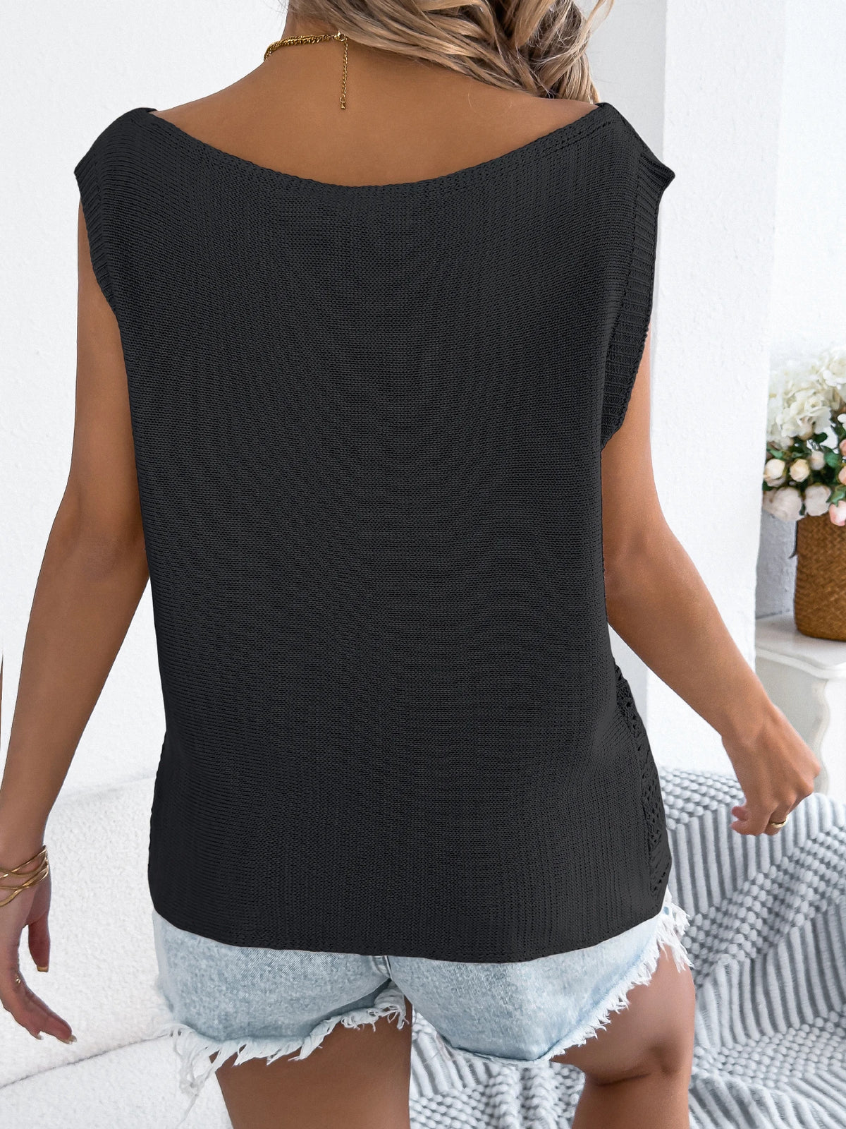 2026 Fashion Women Hollow Out Sleeveless Knitted Tank Tops for Spring Summer Casual Solid Color Round Neck Pullover Khaki Black