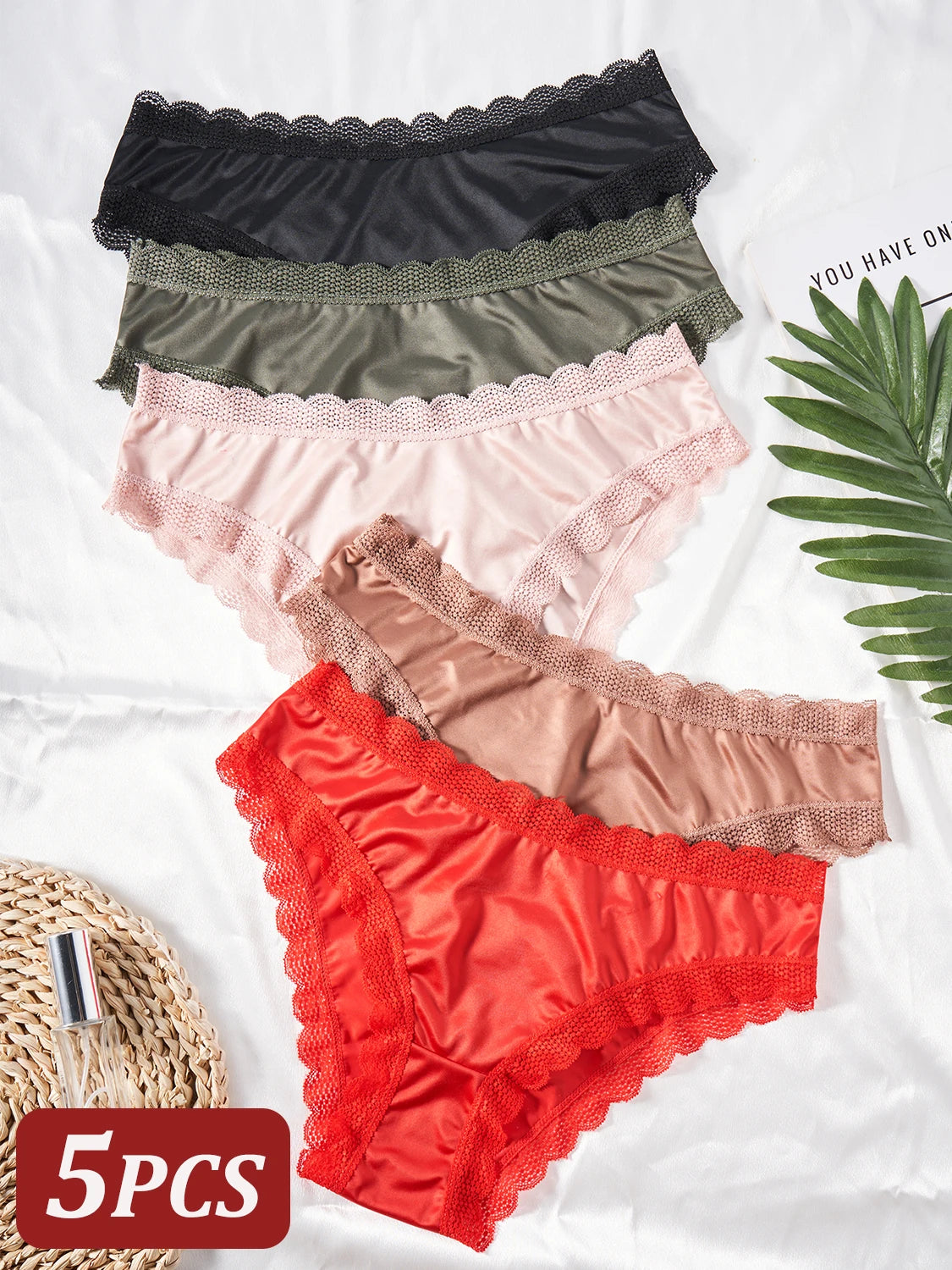 5PCS Women's Underwear Solid Color Seamless Satin Panties Simple Lace Trimmed Briefs Comfortable Female Lingerie Everyday