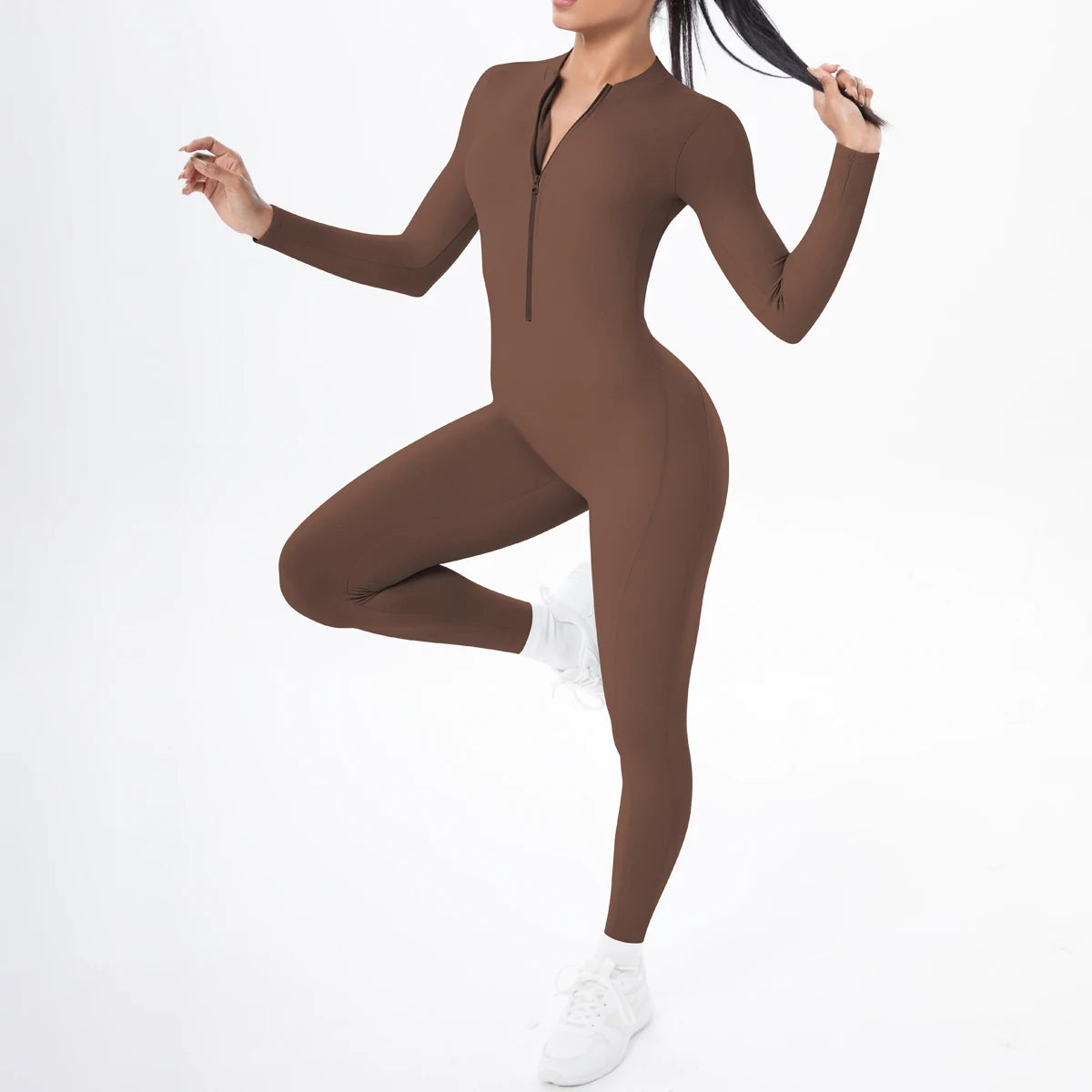 Solid Color Backless Yoga Bodysuits Women's Sportswear Stretch Bodysuit For Women Long Sleeves Jumpsuits Push Up Half Zipper Set