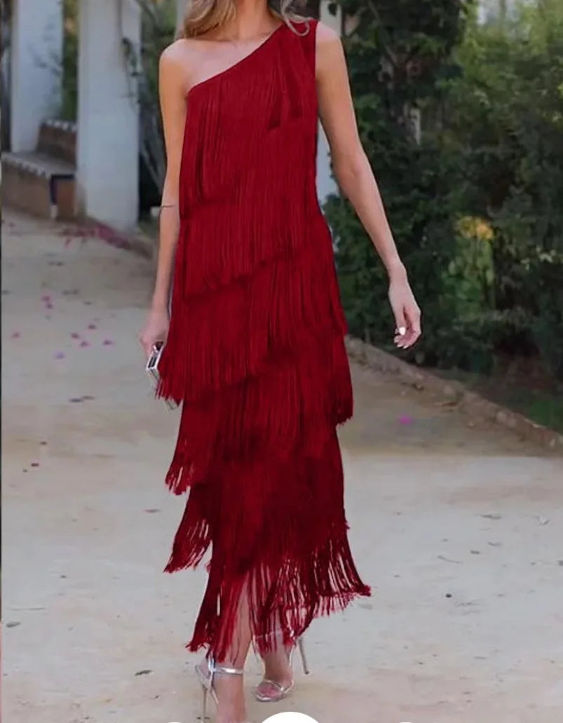 BKLD Solid Color 2026 Spring Summer New Fashion Tassel One Shoulder Sleeveless Asymmetric Dress Clothes For Women Evening Dress
