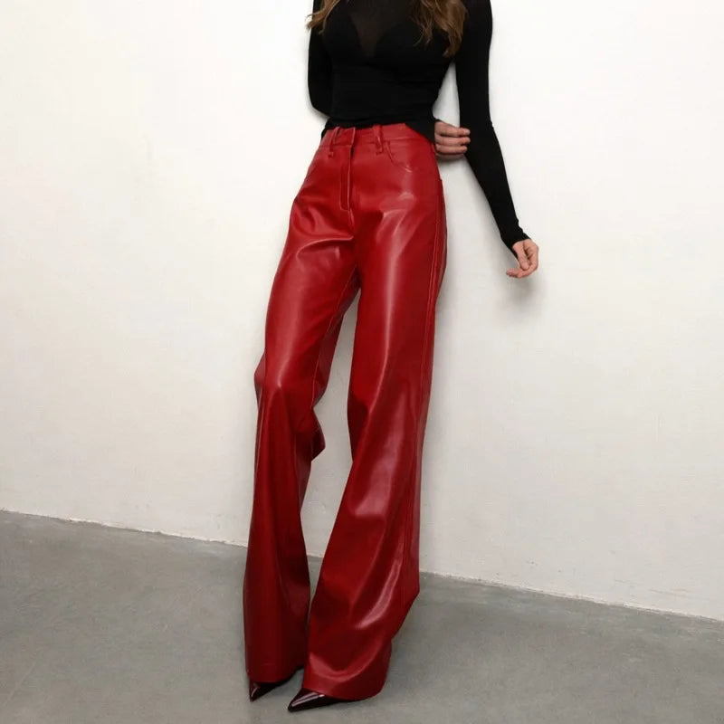 Vintage Ultra-soft PU Leather Pants High Waist Wide Leg Drape Straight-leg Slim Fit Pants 2026 Autumn Winter Streetwear