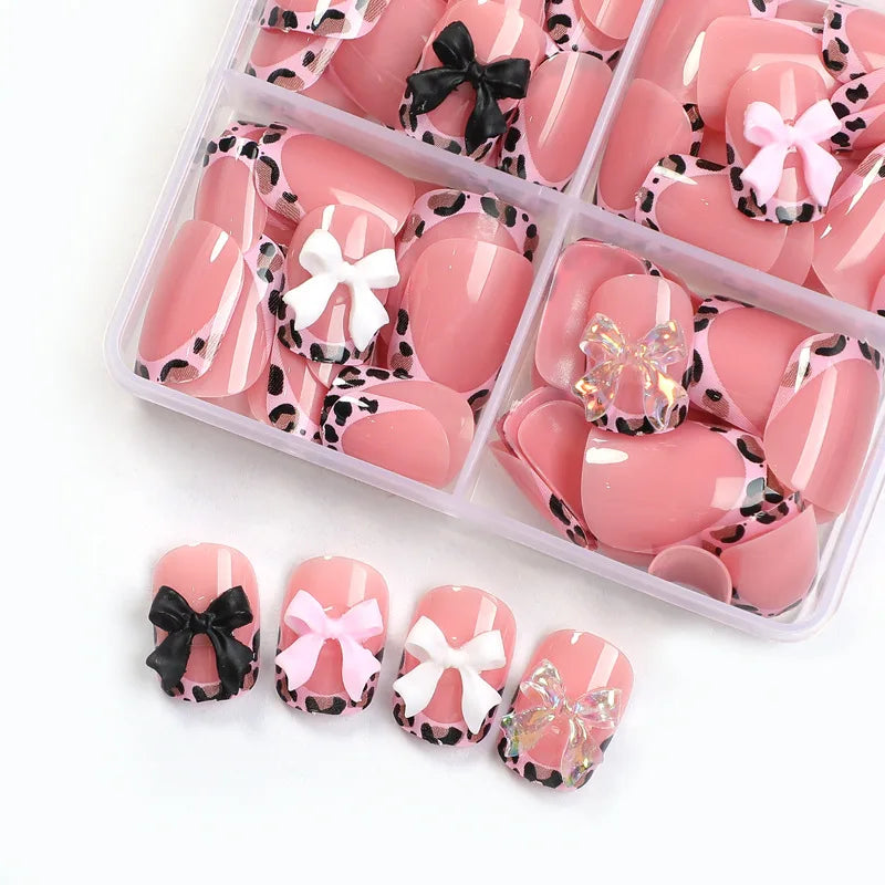 96Pcs/box Pink Leopard Print Short Square False Nails 3D Bowknot Acrylic Full Cover French Fake Nails Wearable Press On Nails