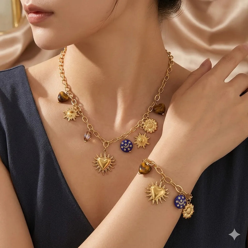 Women Stainless Steel Gold Plated Set, Sun Flower Heart Tiger's Eye Moon Star Charm Necklace Bracelet, Boho Fashion Jewelry Gift
