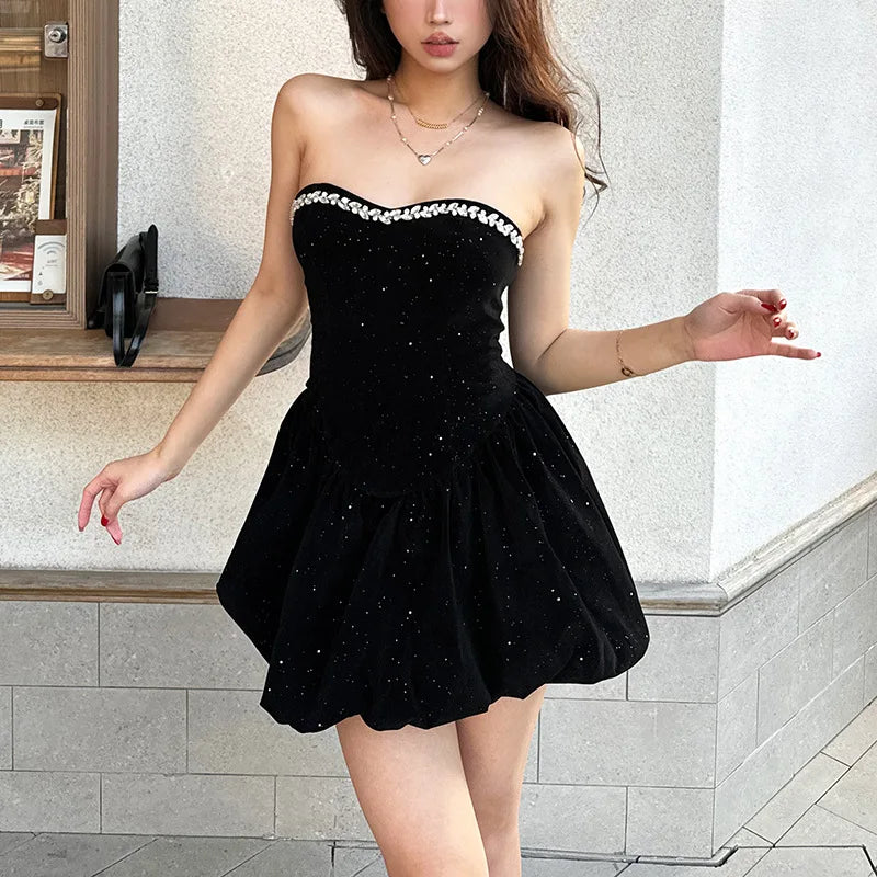 BKLD 2026 Winter New Women Clothing Elegant Fashion Strapless Sequin Diamonds Patchwork A-Line Puffy Dress Party Clubwear