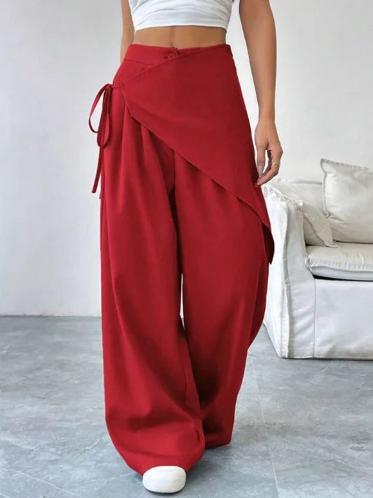 Elegant Irregular Suit Pants for Women High Waist Loose Wide Leg Pants Asymmetrical Lace Up Trousers Elastic Waist Casual Pants