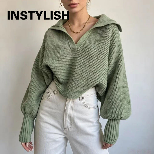 Women Lapel V Neck Knit Sweater Long Sleeve Lantern Sleeve Loose Pullover Solid Color Casual Warm Knit Top For Autumn Winter