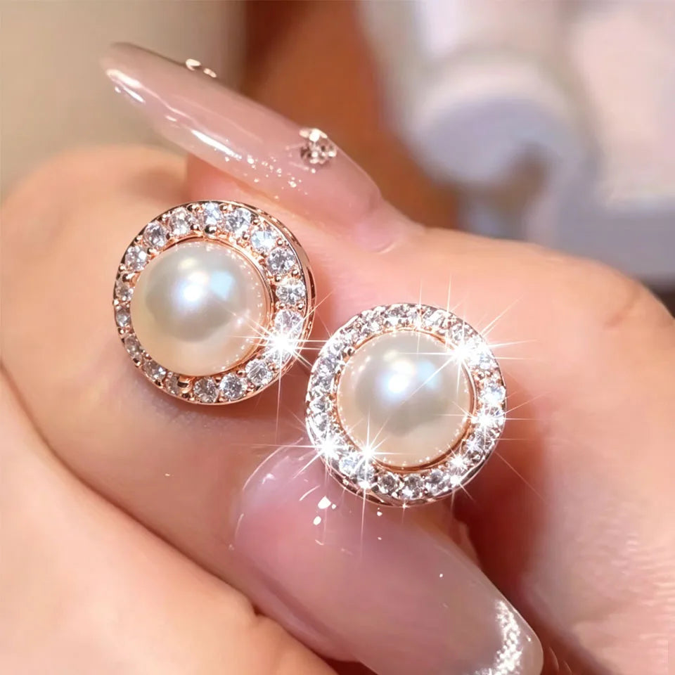 ZAKOL Delicate Light Blue CZ Stud Earrings Geometric Oval Zircon Imitation Pearl Earring for Women Fashion Jewelry Gifts