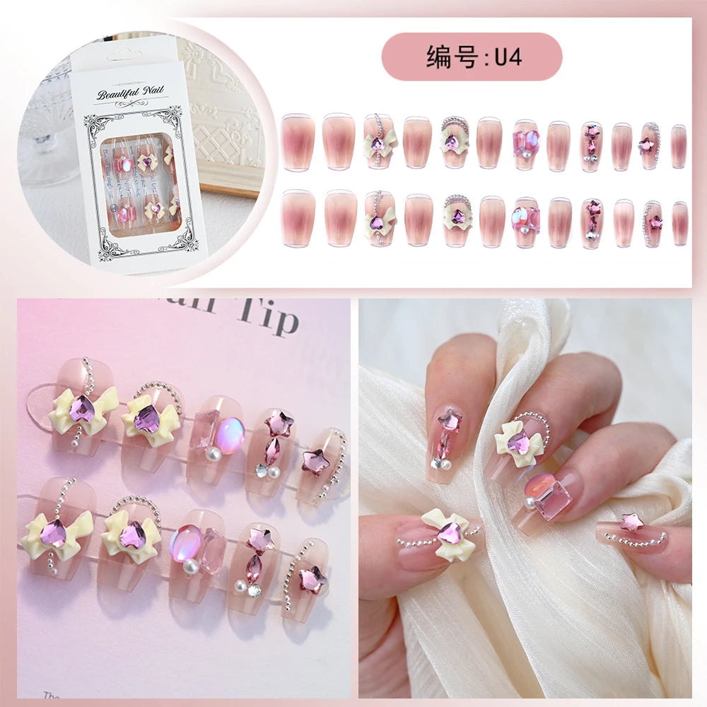 24pcs/box Fake Nail Long Ballet Reusable Acrylic Press On Nails Artificial Nails Full Cover False Nail Tips with Jelly Stickers