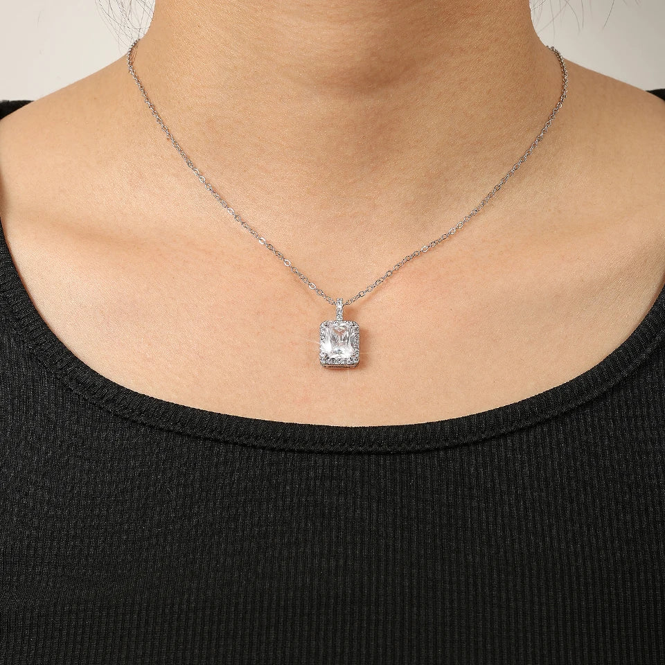 ZAKOL Simple Geometric Crystal White Zircon Pendant Necklace For Women Silver-Color Wedding Party Jewelry Gift With Box