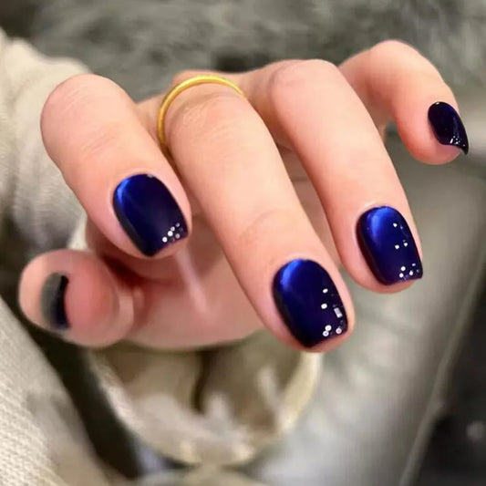 30Pcs Blue Cat eye Wearable Press on Nails Short Square Full Cover False Nails Artificial Ballet Reusable Fake Nails for Women