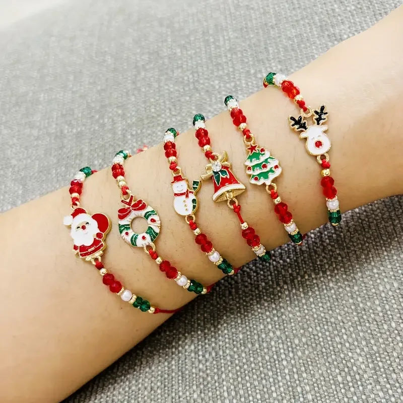 6/12pcs Christmas Santa Claus Reindeer Bell Snowman Christmas Tree Braided Adjustable Bracelet Couple Friendship Gift