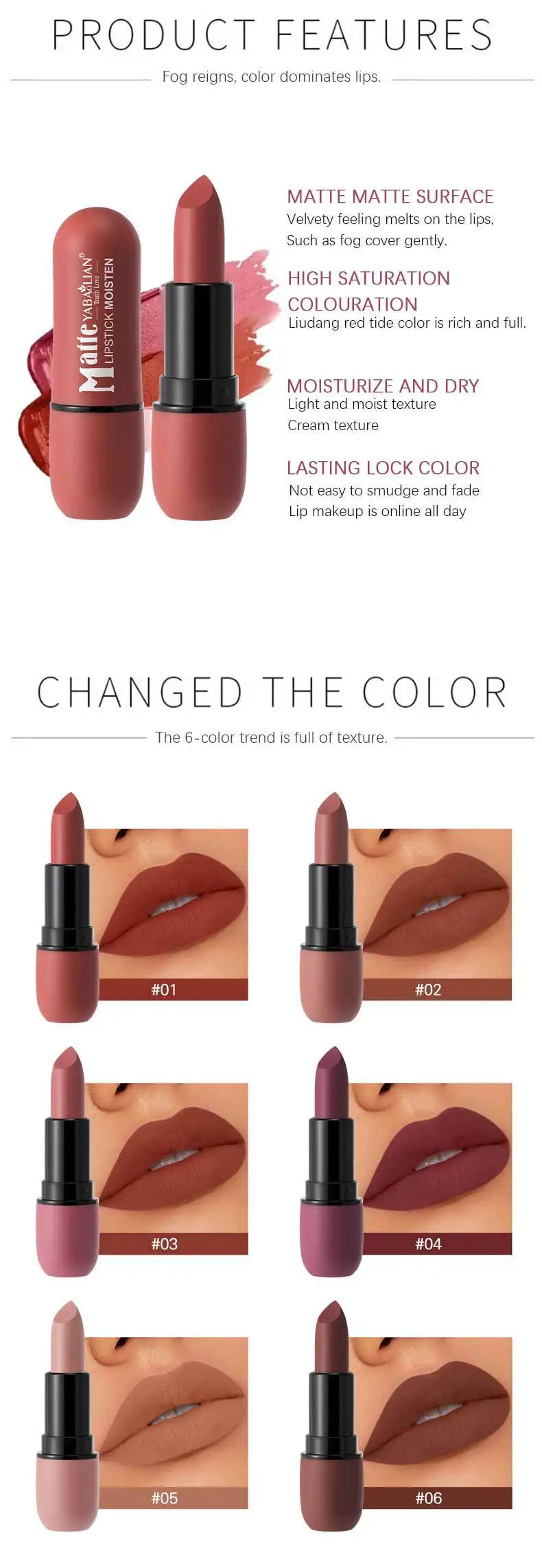 6 Colors Sexy Matte Lipstick Waterproof Long Lasting Color Rendering Non-stick Velvet Lips Liner Pencil Woman Makeup Cosmetics